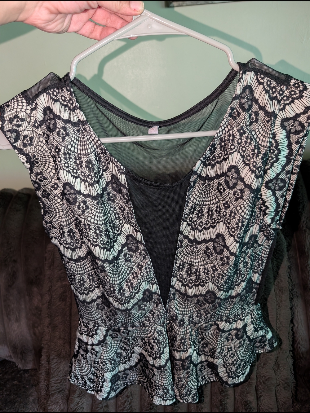 Black Lace-Overlay V-Neck Peplum Blouse